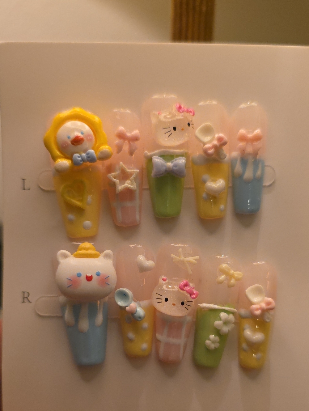 Cute Kitty & Animal 3D Nail Art Set - Pink, Yellow, Green, Blue Size Large
